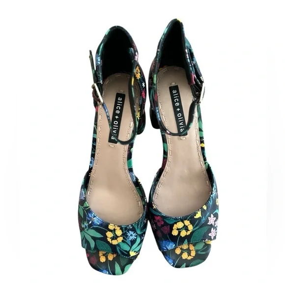 Alice + Olivia by Stacey Bendet Whitney Black Floral Heels Shoes Size 8US 38EU - Picture 2 of 10